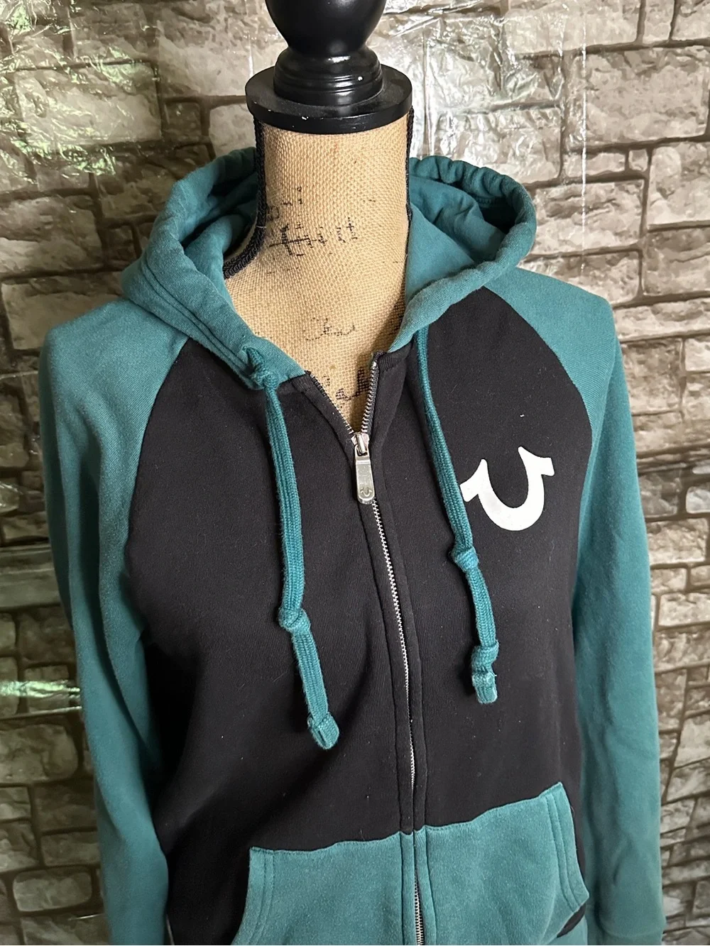 True Religion Teal and Black Zip-Up Hoodie